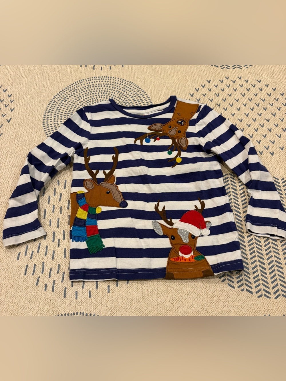 Mini Boden Navy & White Striped Long Sleeve Top Festive Reindeer Appliqués 3-4